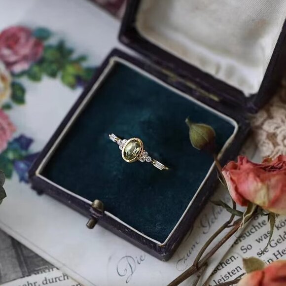 14k Gold Dainty Oval Cut Peridot Diamond Ring Band - Picture 6 of 6